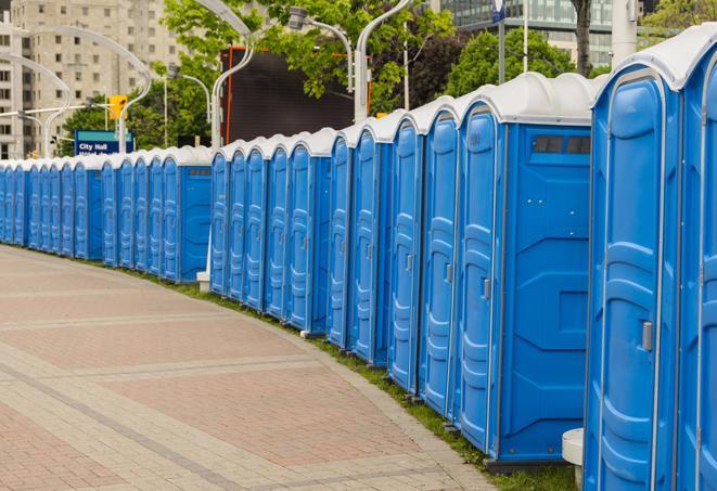 hygienic portable restrooms lined up at a music festival, providing comfort and convenience for attendees in Millersburg